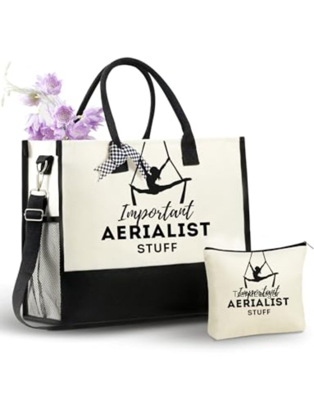 Canvas Tote Bag with Makeup Pouch Set Zippered Shoulder Strap